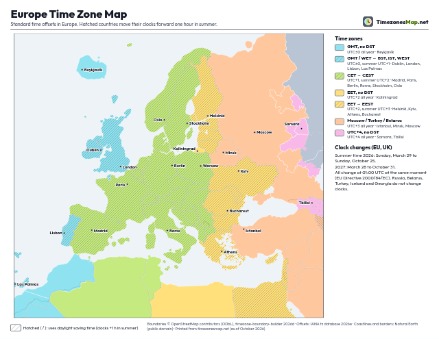 Preview: printable Europe time zone map